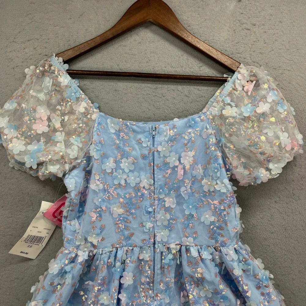 Rare Editions Dress Girls 16 Light Blue Floral Applique Sequin Party Formal NWT
